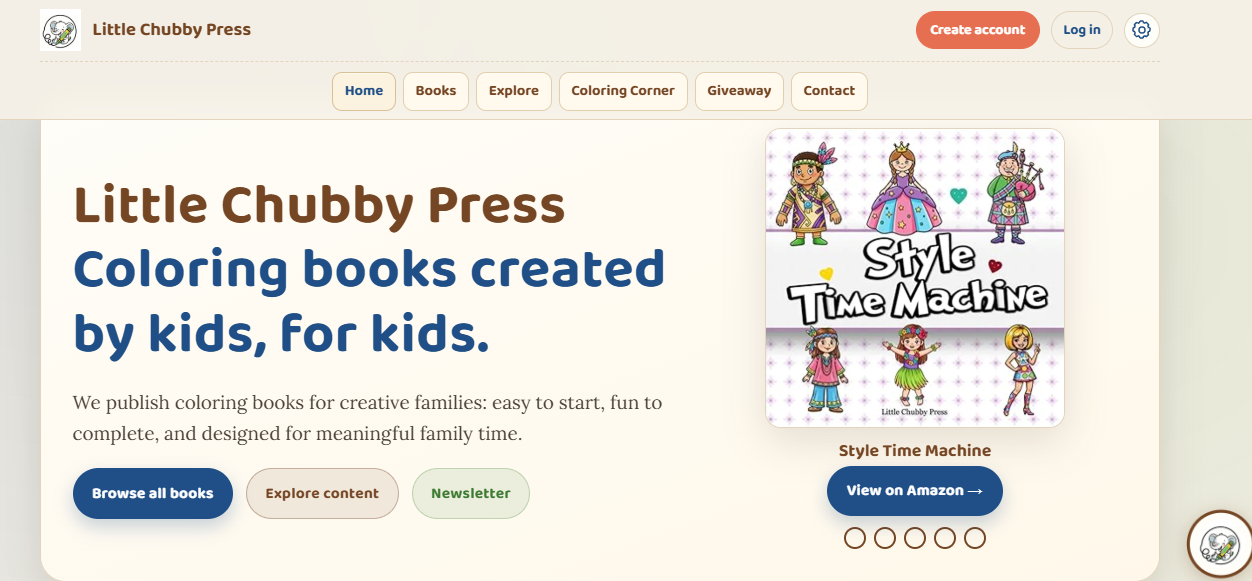 Little Chubby Press storefront screenshot showing a polished publishing brand and coloring book product grid.